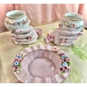 Elegant Vintage Bath or Vanity Set: Porcelain Lefton L’amour & Ucago Hands 1950s